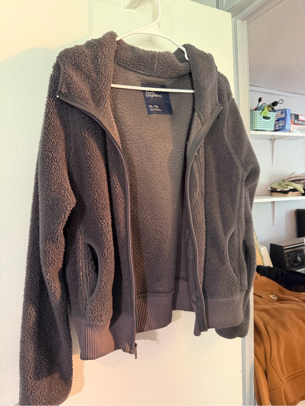 American Eagle Outfitters Charcoal Gray Sherpa Zip-Up Jacket